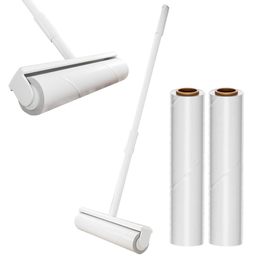 Supvox 49'' Retractable Floor Lint Roller with 180 Sticky Papers, Large Lint Rollers for Carpet, Long Handle Sticky Mop, 9.5