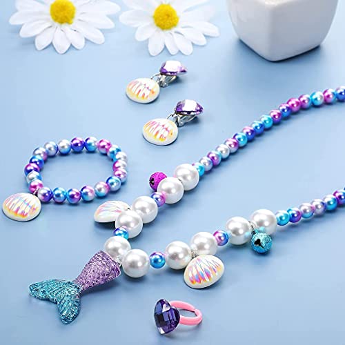 SANNIDHI® Mermaid Necklace Bracelet Kids Jewellery for Girls Set of 5 Pearl Beads Seashell Earrings Ring Kit Party Costume Jewelry Toddler Birthday Christmas Gift 2 PCS