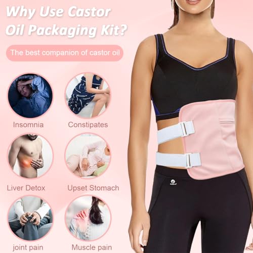 HANNEA® Castor Oil Pack, Oil Pack Wrap for Liver Detox, Reusable & Highly Absorbent Caster Oil Packs Cotton Flannel with Elastic Strap, Pink 3 PCS