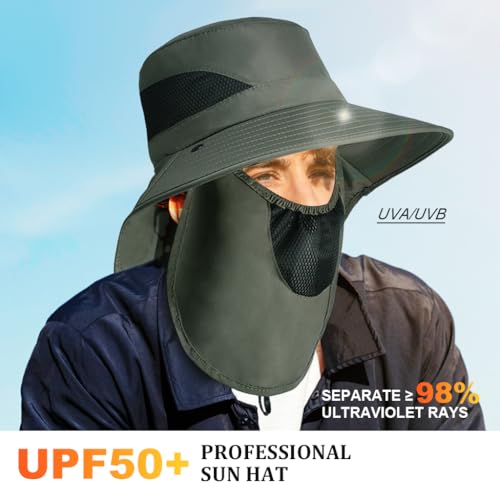 GUSTAVE® Men Silicone Sun Hat Wide Brim Hiking UV Protection with Neck Flap Removable Face Cover Green Free Size 3PCS