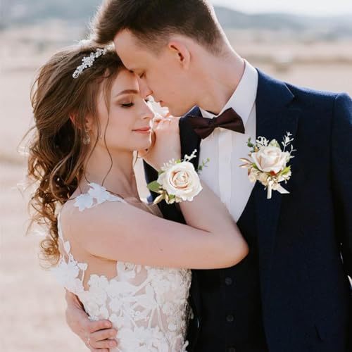 PALAY 2pcs Wrist Corsage and Boutonniere for Wedding, Wedding Rose Flower Jewellery Boutonniere Set Bridesmaids Artificial Hand Flower Corsage for Women Party Prom Suit Decorations
