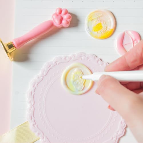 HASTHIP® Wax Seal Stamp Set 15 Multicolor Beads 6 Stamps Pink Cat Claw Handle Warmer Spoon Tweezers 10 Tealights Silicone Mat Craft DIY Gift Kit for Personalized Invitations Packaging 3 PCS