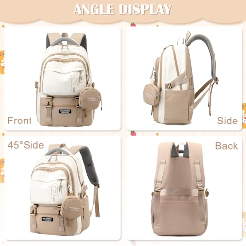 PALAY® Casual Backpack With Cute Accessory 18.1 Inch Bookbag Pendant Laptop Bag Lightweight Travel Beige 3 PCS
