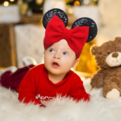 SNOWIE SOFT 2pcs Hair Bands For Baby Girls, Sequin Mic-Ky Mouse Bow Baby Hair Band Cute Elastic Headband For Baby Girl Super Soft Wide Hairband For Baby Girl, Handmade Baby Girl Hair Accessory