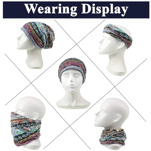 PALAY® Beanie Cap for Women Floral Print Chemo Slouchy Hijab Turban Fashion Hip-Hop Skull Dwarf Hats Boho Soft Running Head Scarves Teen Girls All Season Use 3 PCS Blue