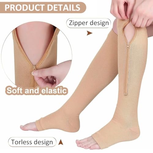 HANNEA 1 Pair Zipper Compression Socks, 15-20 mmHg Closed Toe Compression Stocking with Zipper, Calf Knee High Open Toe Compression Stocking for Women and Men, S/M