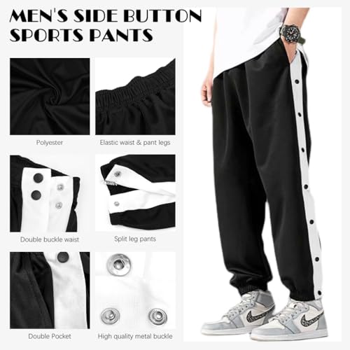 GUSTAVE Men's Trousers Sport Pants Casual Trousers Side Button-up Design Summer Fashion Breathable Men Trousers Elastic Waist Men's Casual Sport Trousers, XL, Black