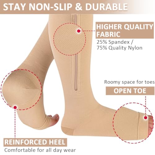 HANNEA 1 Pair Zipper Compression Socks, 15-20 mmHg Closed Toe Compression Stocking with Zipper, Calf Knee High Open Toe Compression Stocking for Women and Men, S/M