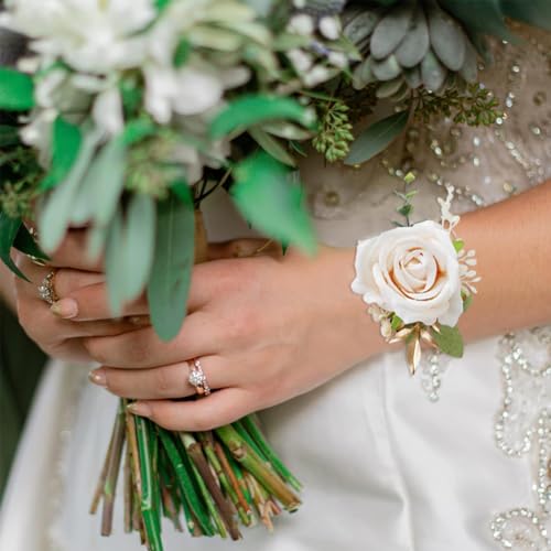 PALAY 2pcs Wrist Corsage and Boutonniere for Wedding, Wedding Rose Flower Jewellery Boutonniere Set Bridesmaids Artificial Hand Flower Corsage for Women Party Prom Suit Decorations