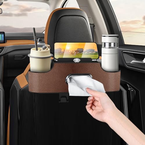 STHIRA® 4 in 1 Car Organizer with Hooks Hanging Headrest Tissue Paper Backseat Phone Dual Compartment Cup Holder Design Fashion PU Plastic 3PCS