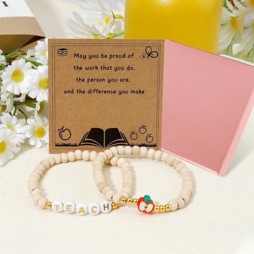 SANNIDHI® Gift Bracelets for Teacher, Set of 2Pcs Letter Charm Clay Bead Bracelet Charm Beads Bracet Thank You Gift Birthday Gift for Teacher