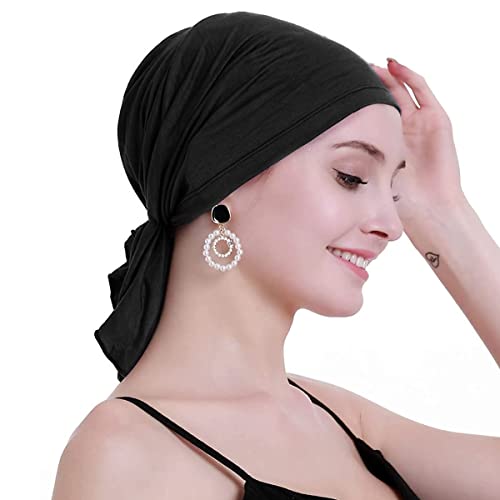 PALAY® Head Scarf for Women Cotton Elastic Chemo Caps Headwear Turban Pre-tied Slip On Cancer Cap Headwrap for Hair Loss or Thin Hair Black X 3