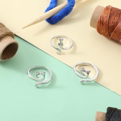 HASTHIP® 9PCS Crochet Rings for Tension Cute Cat Ring Adjustable Crochet Ring for Finger Metal Open Yarn Guide Crochet Rings Braided Faster Knitting Accessories for Crochet Mother Grandma Gifts