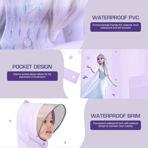 PALAY Raincoat for Kids Girls with Pockets, EVA Hooded Poncho with School Bag Rain Cover, Cartoon Printed Knee Length Long Kids Rain Coat with Pocket (L)