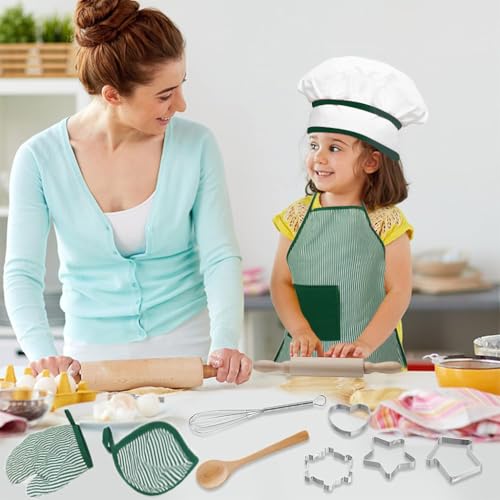 HASTHIP® 15Pcs Baking Set for Kids with Cake Mold Set, Cooking Spoon Set for Kitchen, Chef Cap for Kids, Waterproof Kitchen Art Apron for Kids, Oven Gloves, Pad, Rolling Pins, Egg Whisk, Wooden Spoon