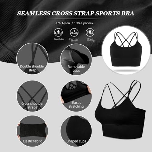 PALAY Women's Sports Bra Longline, Molded Cup Double Spaghetti Strap Yoga Bra Thin Strap Low Impact Workout Bra Crisscross Back Yoga Crop Tank Tops, L