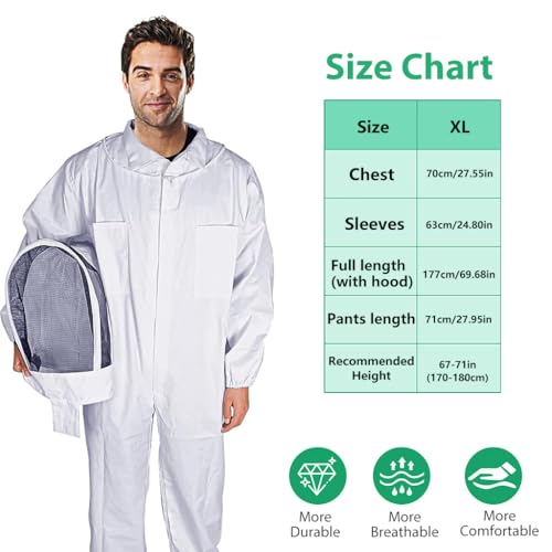 HASTHIP® Bee Suit with Protective Mesh Face Cover Hood Zip Up Long Sleeve Jumpsuit Breathable Outdoor Summer for 175-185cm Height Adult 3 PCS
