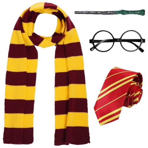 PATPAT Gryffindor Costume Set Halloween Costume Set of 5Pcs Magic Harry Pottery Costume Set with Glasses, Magic Wand, Robe, Scarf, Tie, Cosplay Costume For Kids 5-6 Years