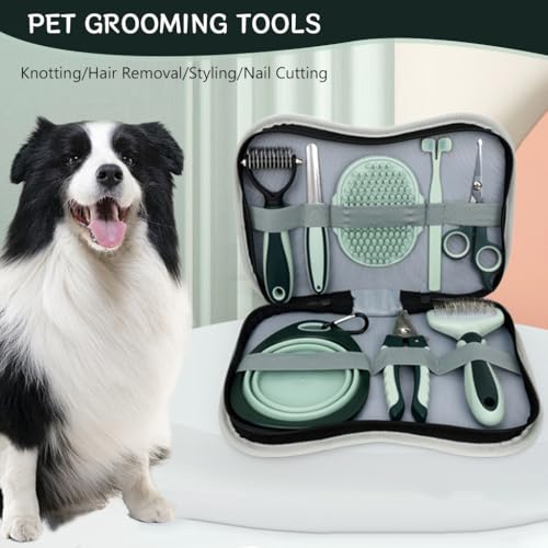 Qpets 8 in 1 Pet Grooming Kit with Hand Bag Cats Dogs Hair Grooming Tools with Dematting Tool, Nail Clipper & File, Pet Slicker Brush, Bathing Brush, Pet Double Side Teeth Brush, Folding Food Bowl