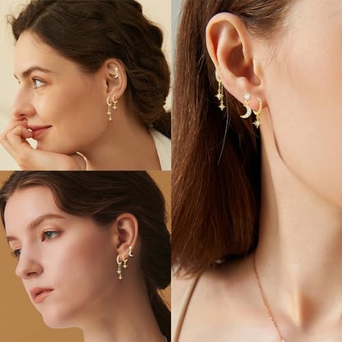 SANNIDHI® 3 Pairs Earrings Set for Women Gold Stud Hoop Moon Star Combo Multiple Piercing 3PCS