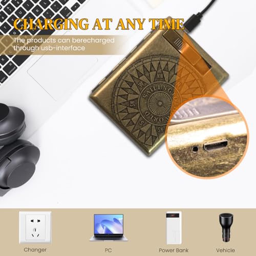 GUSTAVE® Retro Metal Cigarette Case for Men USB Rechargeable Flameless Coil Lighter fits up to 40PCS Regular Cigarettes 85mm Gift Compass