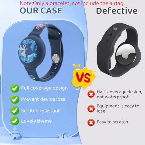 ZORBES® Kids Air Tag Bracelet Cartoon Shark Silicone Anti-Lost Waterproof Full Cover Protection Adjustable Wrist Band Blue 3PCS