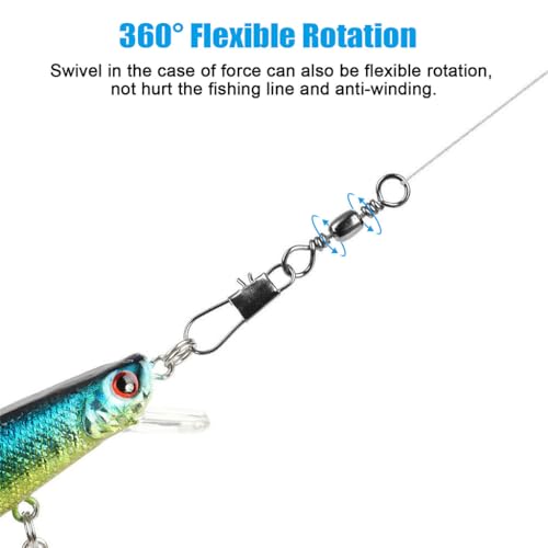 Proberos® 100PCS Fishing Rolling Ball Bearing Barrel Swivel with Safety Snap Connector Accessories Corrosion Resistant Hook 5 Sizes