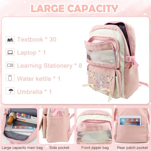 Climberty® Kawaii Melody School Backpack for Girls Multi-Compartment Book Bag with DIY Accessories Pink Cartoon 3 PCS