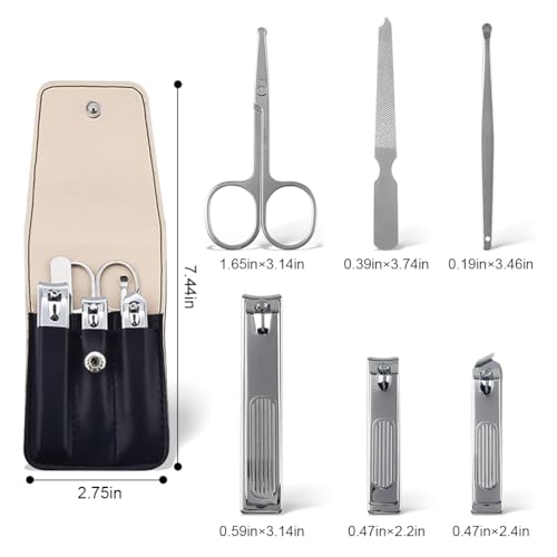 MAYCREATE Travel Nail Clipper Set with Storage Pouch Set of 6Pcs Stainless Steel Nail Clippers Toe Nail Clipper Curved-Edge Nail Clipper Nose Hair Trimmer Nail Filer Earwax Remover