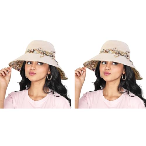 PALAY® Women Cotton Sun Hat Both Sides Wear UPF 50 Garden Beach Foldable Wide Brim Caps Beige 22.8 Inches 2PCS
