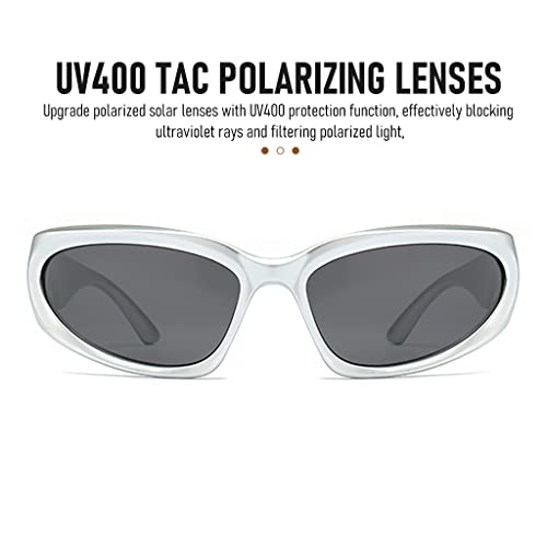 GUSTAVE Stylish Polarized Sunglasses for Men Women Riding Sunglasses Stylish Cyberpunk Sport Sunglasses Silver Frame Grey Lens Sunglasses Fashion Accessory Goggles for Men Stylish