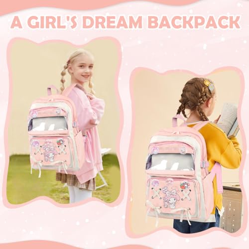 Climberty® Kawaii Melody School Backpack for Girls Multi Compartment Book Bag with DIY Accessories Pink Cartoon 2 PCS