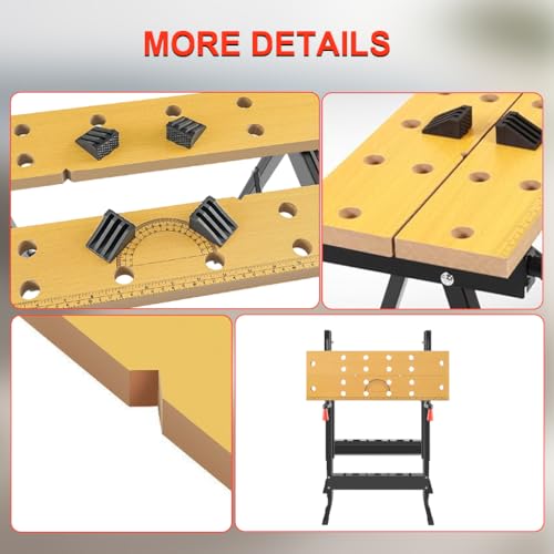 Serplex® Woodwork Bench Portable Wood Workbench, Folding Workbench with Crank Handles, Etched Ruler Design, Multi Work Bench with Tool Storage Slots, for Sawing, Drilling, Sanding,