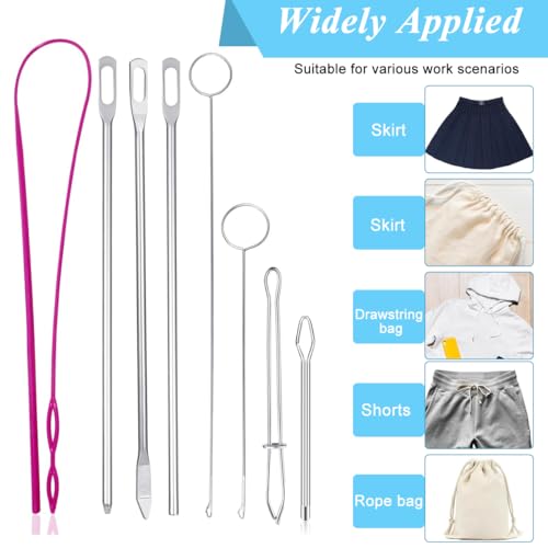HASTHIP® 8 PCS Drawstring Threader Tool Set Stainless Steel Sewing Loop Turner Hooks with Latch for Turning Fabric Tubes Straps Belts Strips Easy Rope for Jackets Coats Pants