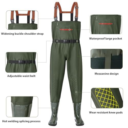 Proberos® Waterproof Work Pants for Men PVC Rain Trousers with Rubber Boots & Zipper Pocket, Adjustable Waist Belt & Elastic Suspenders, Outdoor Work Pants for Fishing, Construction, Shoe Size 44