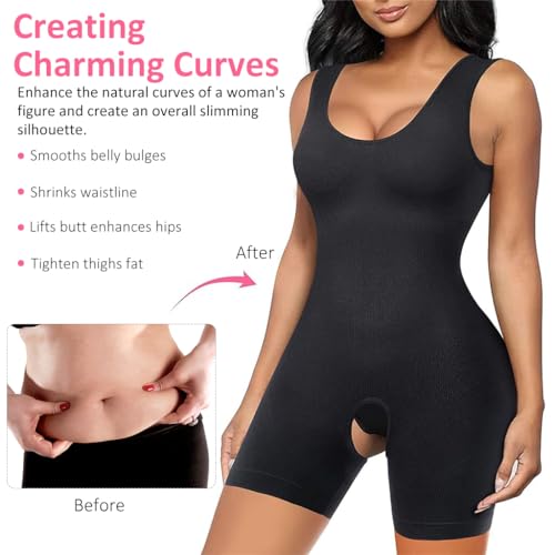 HANNEA Women Waist Trainer Bodysuit Tops Slim Tummy Control Full Body Shapewear for Scoop Neck Tank Tops Bodysuits Corset, S-M