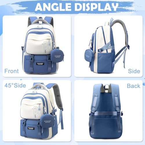 PALAY® Girls School Backpack with Small Zipper Pouch Fashion Blue Nylon Padded Shoulder Straps Handle Design Multi Compartment Large for Camping Travel 3 PCS