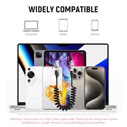 Verilux® 4 in1 Type C Cable with Spring PD65W Fast Charging 480Mbps Data Transfer USB to Type C Multi Adjustable with USB A Lightning Port for iPhone 16 15 Black 3PCS