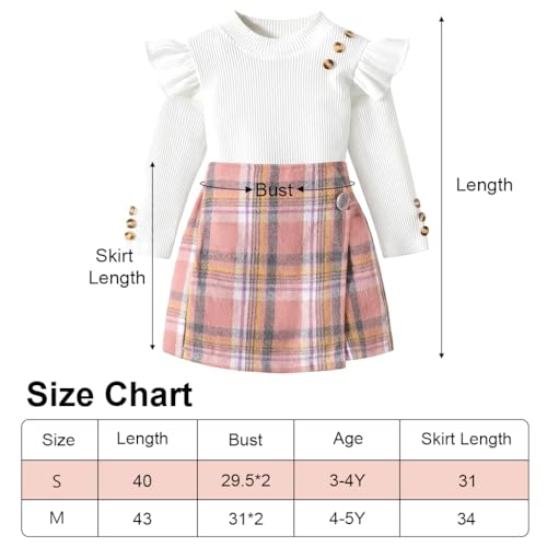 PALAY Baby Toddler Girl Clothes Kit Girls Set of 2Pcs Top and Shorts Long Sleeve Ruffle Shirt Base Top and Plaid Skirt Shorts for Girls 3-4 Years Old, Size 110cm