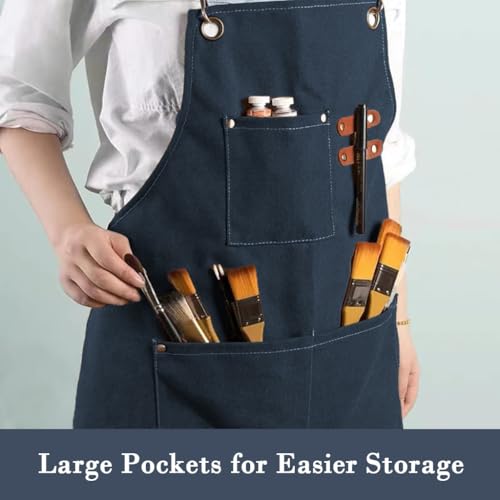 HASTHIP® Canvas Work Apron for Men Women Dark Blue Adjustable Tie-Back Multiple Front Pockets Metal Eyelets Heavy Duty Kitchen Barista Woodwork Workshop Stain Tear Resistant 3PCS