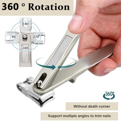 MAYCREATE Nail Clipper with Nail File Long Handle Stainless Steel Nail Cutter 360° Rotatable Nail Clipper Head Thick Nail Nail Clipper Travel Nail Clipper with PU Sleeve