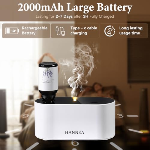 HANNEA® USB Waterless Essential Oil Diffuser, Smart Timered Diffuser for 15ml/0.5 oz EO Bottles, Standard GL18 Essential Oil Bottles, 2000mAh Battery, 3 Intermittent Spray Modes