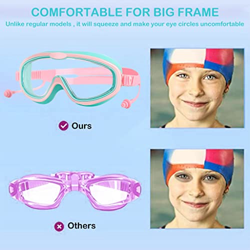 Proberos® Swimming Goggles for Kids with Ear Plugs Big Frame Leakproof Anti-fog UV Protection Adjustable Swim Goggles for Boys Girls Age 6-14 Pink X3