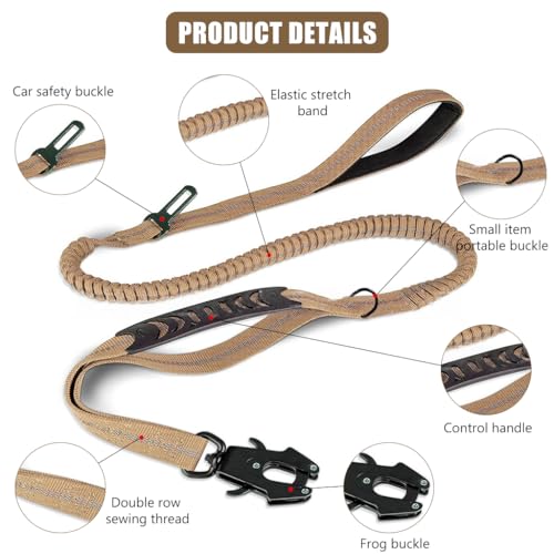 Qpets Bungee Dog Leash with Dual Handles 47-70 Inches Stretchy Tactical Bungee Dog Leash with Secure 360 ° Swivel Locking Clasp & Seat Belt Insert Dog Leash Bungee for Walking, Driving with Dog