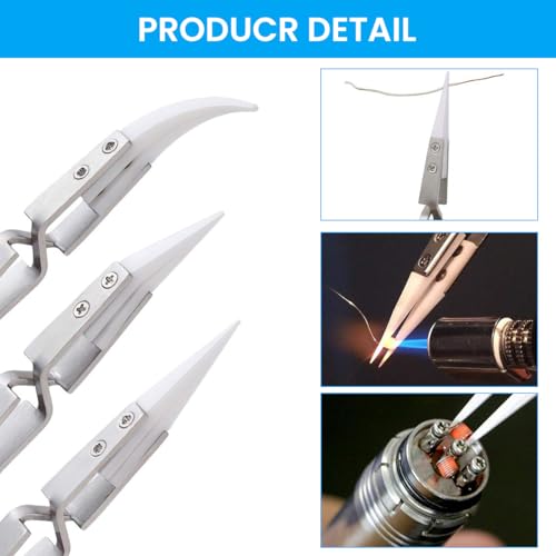 Serplex® 3Pcs Electronics Tweezers Non-Conductive Ceramic Tweezers Stainless Steel Handle Ceramic Tweezers 1200 °C Heat Resistance Design Multi Use Tweezes for PCBs, Electronics, 3D Printing