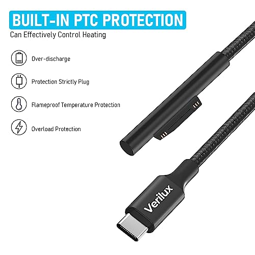 Verilux® Type C Charging Cable for Surface Laptop 5.9ft 45W 15V3A Power Supply for Pro7 Go2 Pro6 5 4 3 Laptop1 2 Only PD Charger 3 PCS