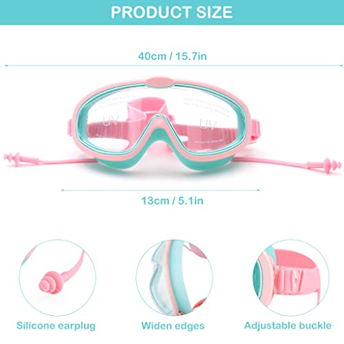 Proberos Swimming Goggles for Kids with Ear Plugs, Big Frame Leakproof Swimming Goggles for Children Kids, Professional Swim Goggles with Anti Fog and UV Protection for Boys Girls for Age 2-16(Pink)