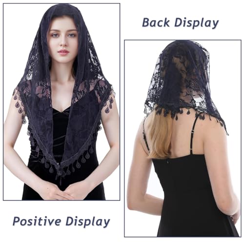 PALAY Lace Mantilla Mass Veil Triangle Head Scarf for Women Tassle Rose Jacquard Church Veil Cathedral Headwear Head Covering for Ladies - Navy Blue