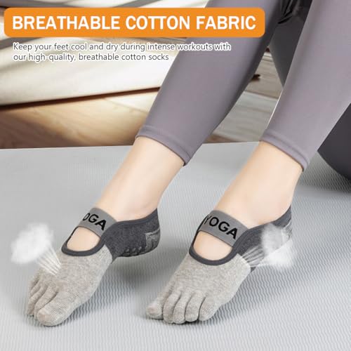 Proberos® Women Classic Cotton Non-Slip Yoga Socks Anti-Skid 5-Toe Grip with Breathable Fabric Elastic Straps Ideal for Pilates Barre Ballet Gym Home Workouts Grey 2PCS