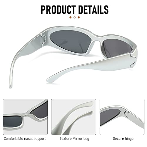 GUSTAVE Stylish Polarized Sunglasses for Men Women Riding Sunglasses Stylish Cyberpunk Sport Sunglasses Silver Frame Grey Lens Sunglasses Fashion Accessory Goggles for Men Stylish